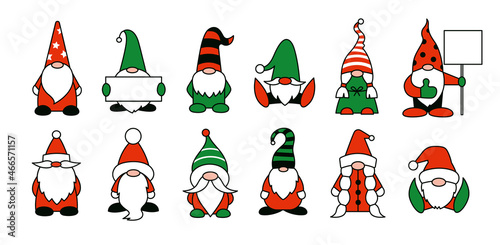 Garden gnomes or dwarfs cartoon isolated illustrations. Gnome holding empty banner, sheet of paper in hands. Boy and girl gnome. Vector magic Christmas characters in red green black and white colors