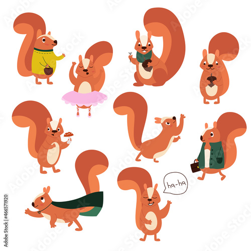 Set of red squirrels in different poses. Vector flat illustration.