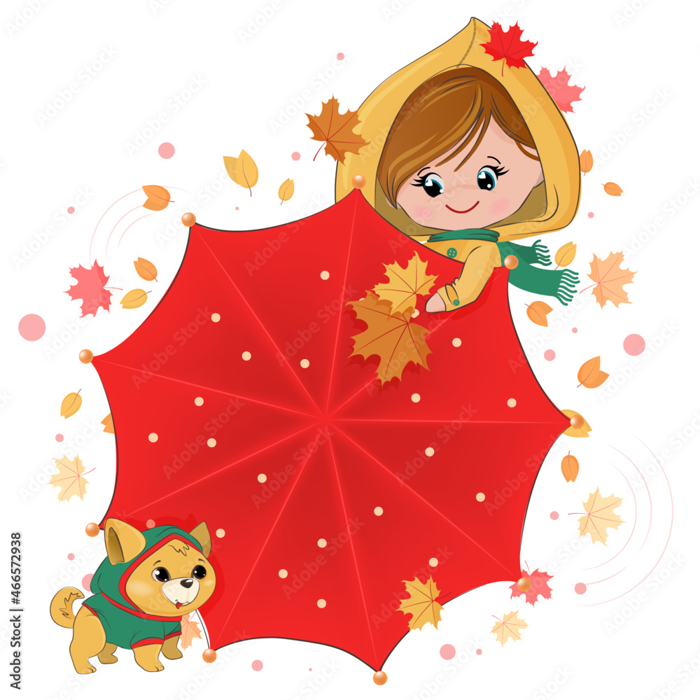 Little smiling girl in a yellow raincoat against the background of an open umbrella. A child in autumn clothes walks the dog. Funny cartoon character