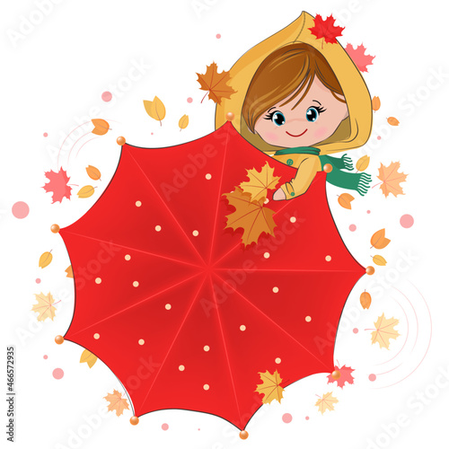 Little smiling girl in a yellow raincoat. The girl on the background of a large open umbrella. Child in autumn clothes on the street. Funny cartoon character