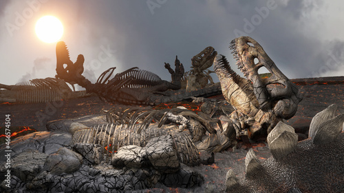 dead dinosaur bodies, dinosaur skeletons after extinction 3d render photo
