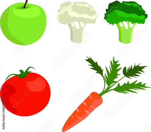 Color illustration of frkuts and vegetables. Everything you need for a healthy diet and proper diet. Apple, cauliflower, broccoli, tomato, carrot
