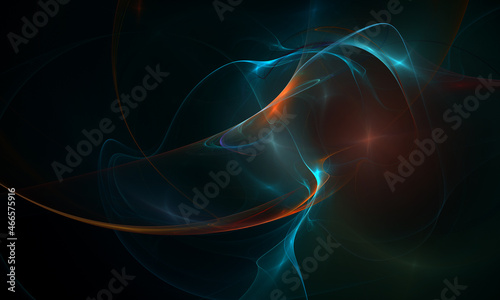 Dynamic motion of blue essence, substance or fluids with orange shimmer in deep dark space. Fantastic 3d illustration of digital cosmic infinity. Great as artwork, cover, print design for electronics.