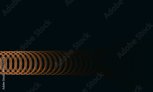 Copper color horizontal spring fading and disappearing in deep dark space. Artistic 3d composition in minimal and simple style. Concept of sound wave, vibration, echo, ambient sound. Great for design.