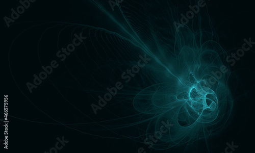 Fantastic core of charge, electric waves of radiance, glowing steam of the hearth in deep dark space. Neon aqua blue or turquoise light hue of the current flow. Artistic digital 3d illustration.