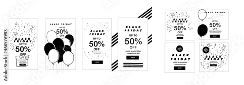Black Friday Sale banner, Social Media post story design set in black and white, minimal style. Holiday savings and celebrations. | BLACK FRIDAY up to 50% off | vector illustration web digital White