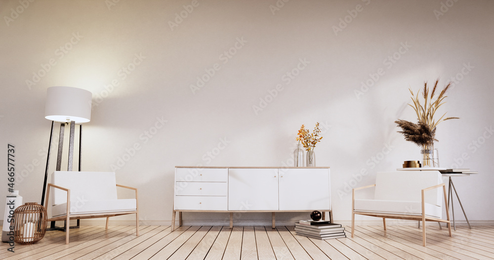 Minimalist - Modern room interior with Cabinet TV and armchair, plants,lamp, decorations.3D rendering - obrazy, fototapety, plakaty 