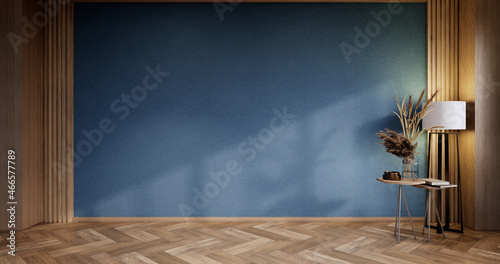 Empty room - Blue wall on wood floor interior and decorations plants. 3D rendering
