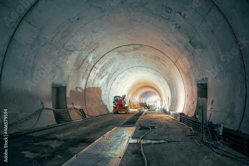 Building of new railway tunnel. Railway corridor construction, freshly concreted tube