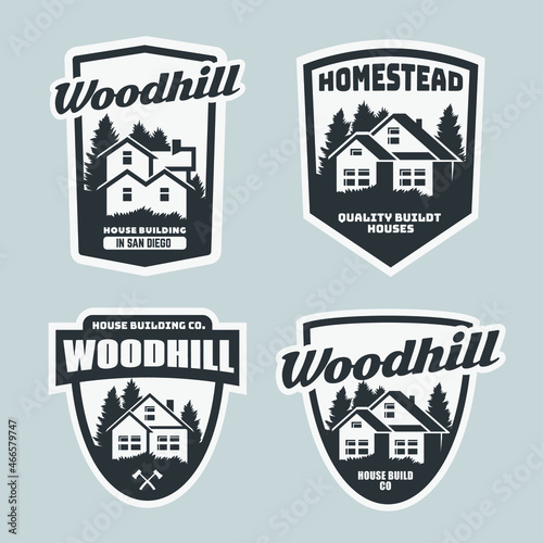 Logo design of a trees silhouette and house. Logo and emblems for house repair and building.