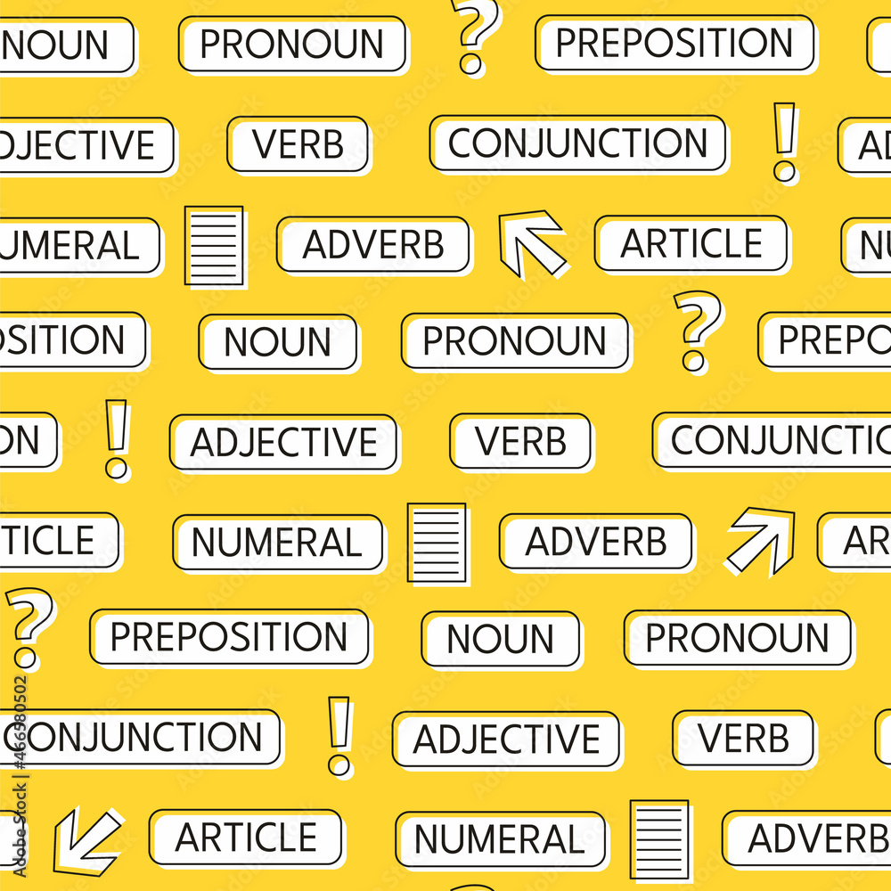 Seamless pattern with names of the parts of speech. Yellow Background