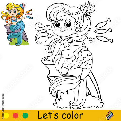 Cartoon cute mermaid feeds fishes coloring vector