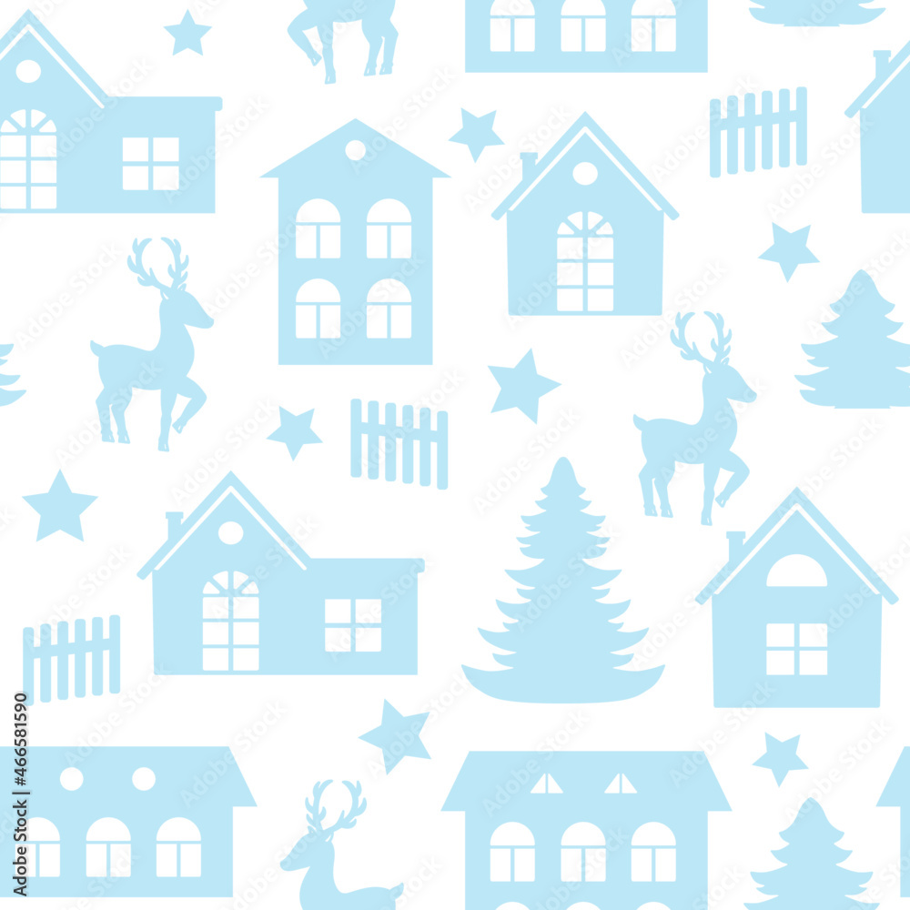 Vector seamless pattern winter landscape with deer and houses. Paper cut design