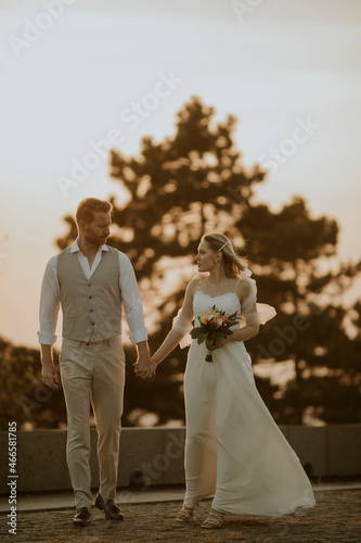 Young newlywed couple walki...