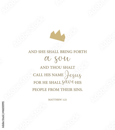 And she shall bring forth a son, and thou shalt call his name Jesus, Matthew 1:21, Happy Birthday Jesus, Jesus was born, Christmas card, Holy Night, spiritual biblical history, vector illustration