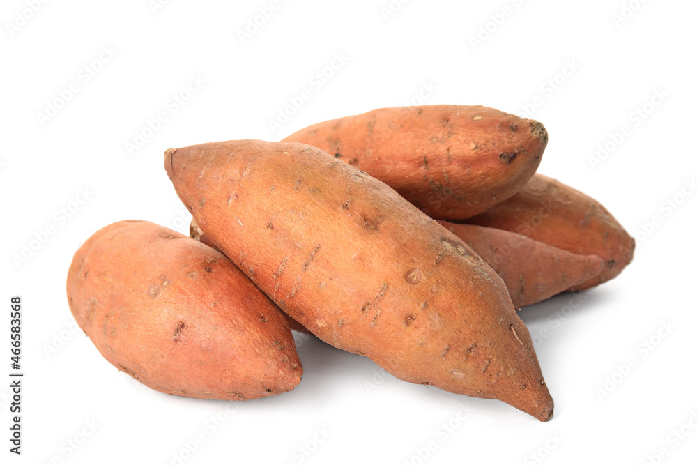 Heap of whole ripe sweet potatoes on white background Heap of whole ripe sweet potatoes on white background