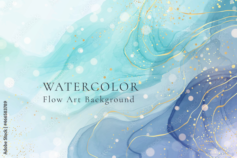 Violet cyan blue liquid watercolor background with golden stains. Teal mauve grey marble alcohol ink drawing effect. Vector illustration design template for wedding invitation, menu, rsvp