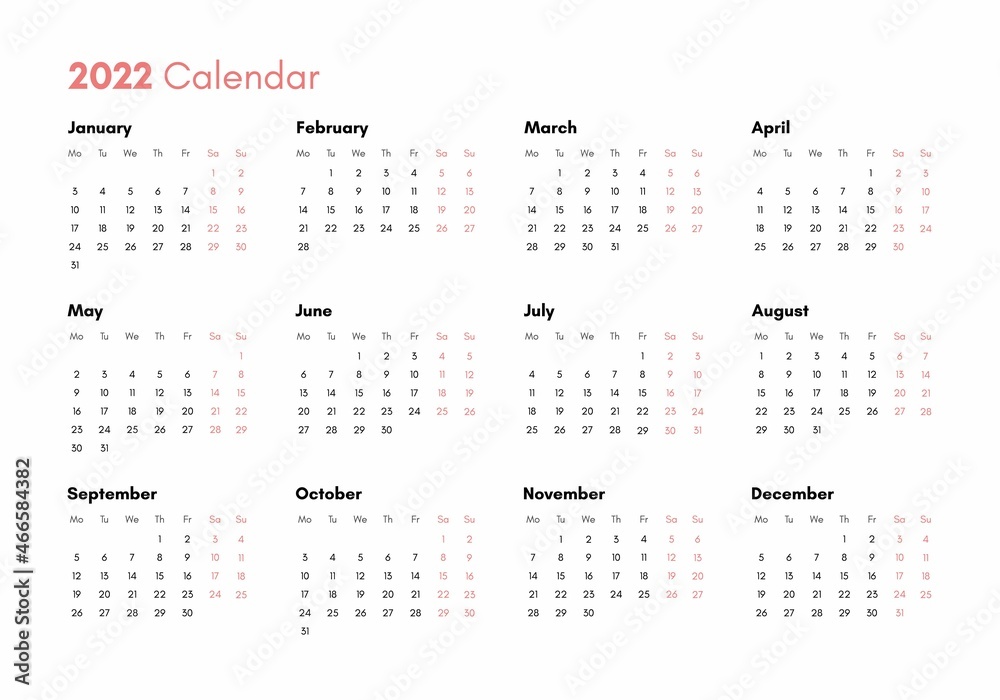 Pocket calendar on 2022 year. Horizontal view. Week starts from Monday. Vector template calendar for business on white background. Pocket calendar on 2022 year. Horizontal view. Week starts from Monday. Vector template calendar for business on white background.