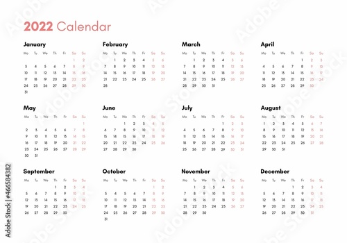 Pocket calendar on 2022 year. Horizontal view. Week starts from Monday. Vector template calendar for business on white background.