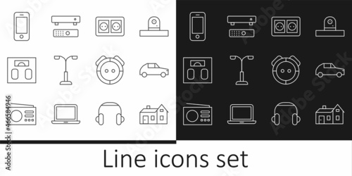 Set line House, Car, Electrical outlet, Street light, Bathroom scales, Smartphone, Robot vacuum cleaner and Multimedia and TV box icon. Vector