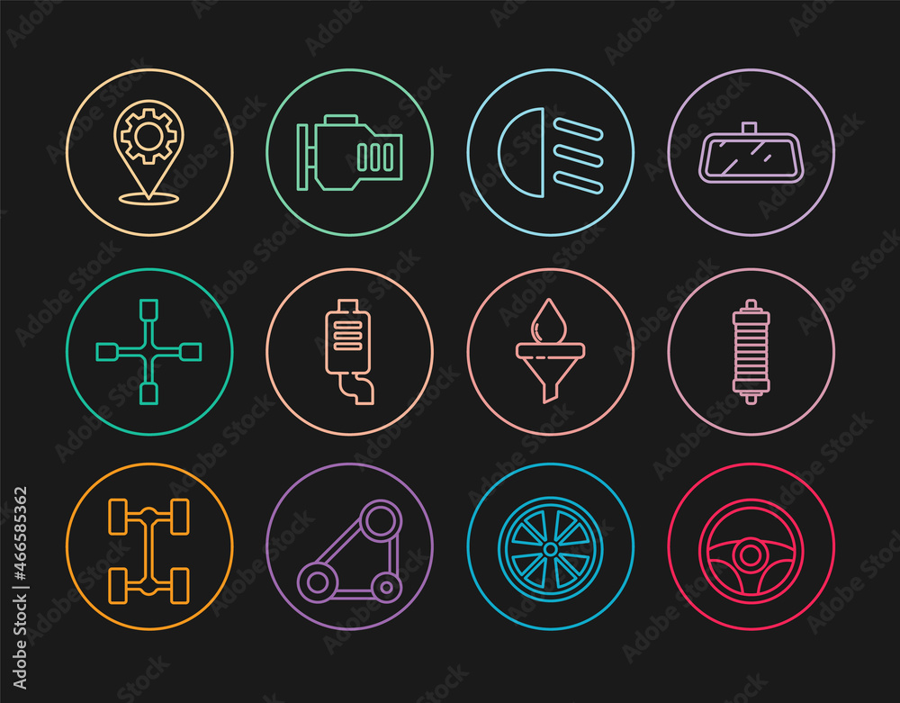 Set line Steering wheel, Shock absorber, High beam, Car muffler, Wheel wrench, service, Funnel and oil drop and Check engine icon. Vector