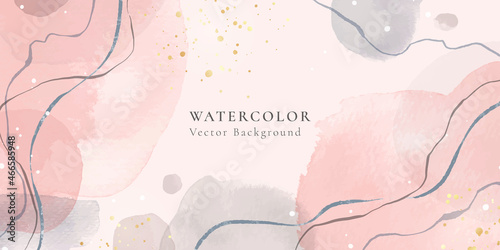 Abstract dusty pink and pastel grey liquid watercolor background with wavy lines and gold stains. Pastel elegant minimal modern horizontal header. Vector illustration, watercolour wallpaper