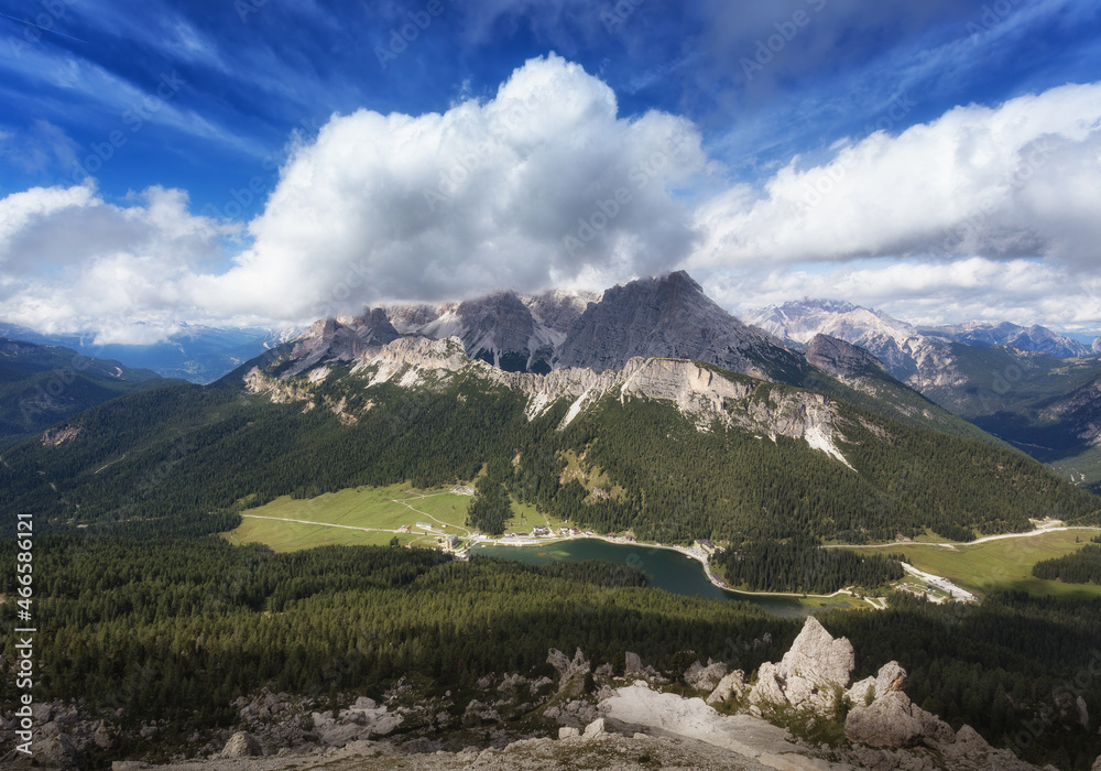 Cortina Dolomiti, Italian mountains, summer landscape. Mountain panorama: Lake Misurina against the background of the massif of Cristallo (Dolomites).