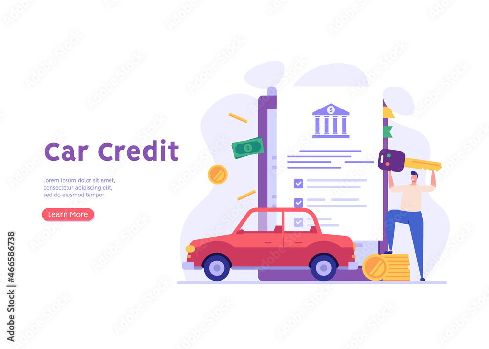 Man purchases car with bank loan. Happy client buying new automobile on motor credit. Concept of auto credit, car loan, auto finance, signing contract. Vector illustration in flat for web banners