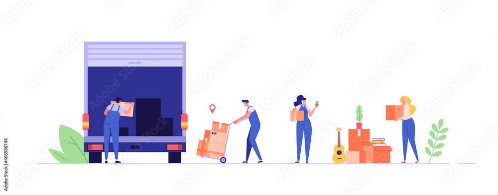 Moving service. People moving in new house or apartment. Delivery truck with cardboard boxes for home stuff. Movers moving in new home. We’re moving concept. Vector illustration