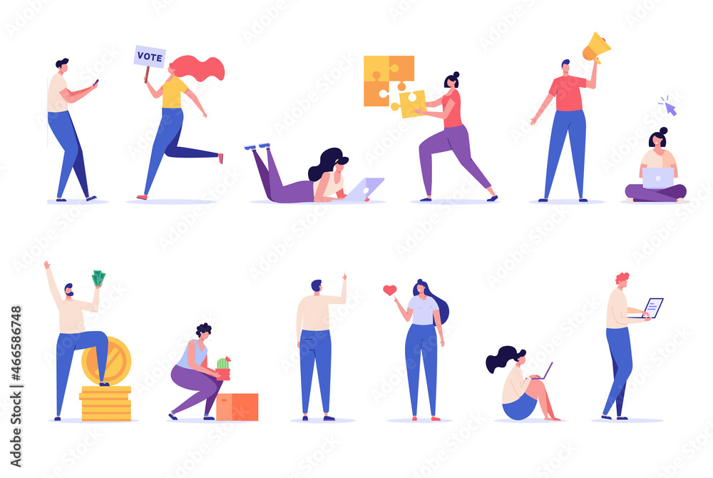 Diverse workers standing set. Success business people with money, phone, laptop, clock. Different activity of people doing business or job. Vector illustrations set isolated on white background