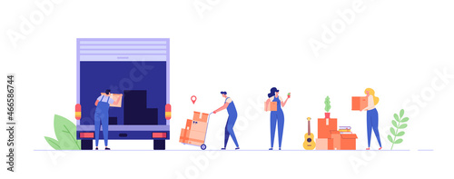 Moving service. People moving in new house or apartment. Delivery truck with cardboard boxes for home stuff. Movers moving in new home. We’re moving concept. Vector illustration