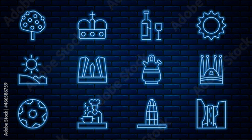 Set line Algar waterfall, Sagrada Familia, Wine bottle with glass, Gate of Europe, Beach, Orange tree, Sangria pitcher and Crown spain icon. Vector