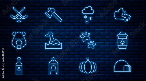 Set line Igloo ice house, Coffee cup to go, Cloud with snow, Flying duck, Beaver animal, Ice hockey sticks and puck, Paw print and Wooden axe icon. Vector