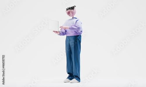 Awesome Travor standing with an open laptop. Concept of online work on the go. Highly detailed fashionable stylish abstract character isolated on white background. Left view. 3d rendering.  photo