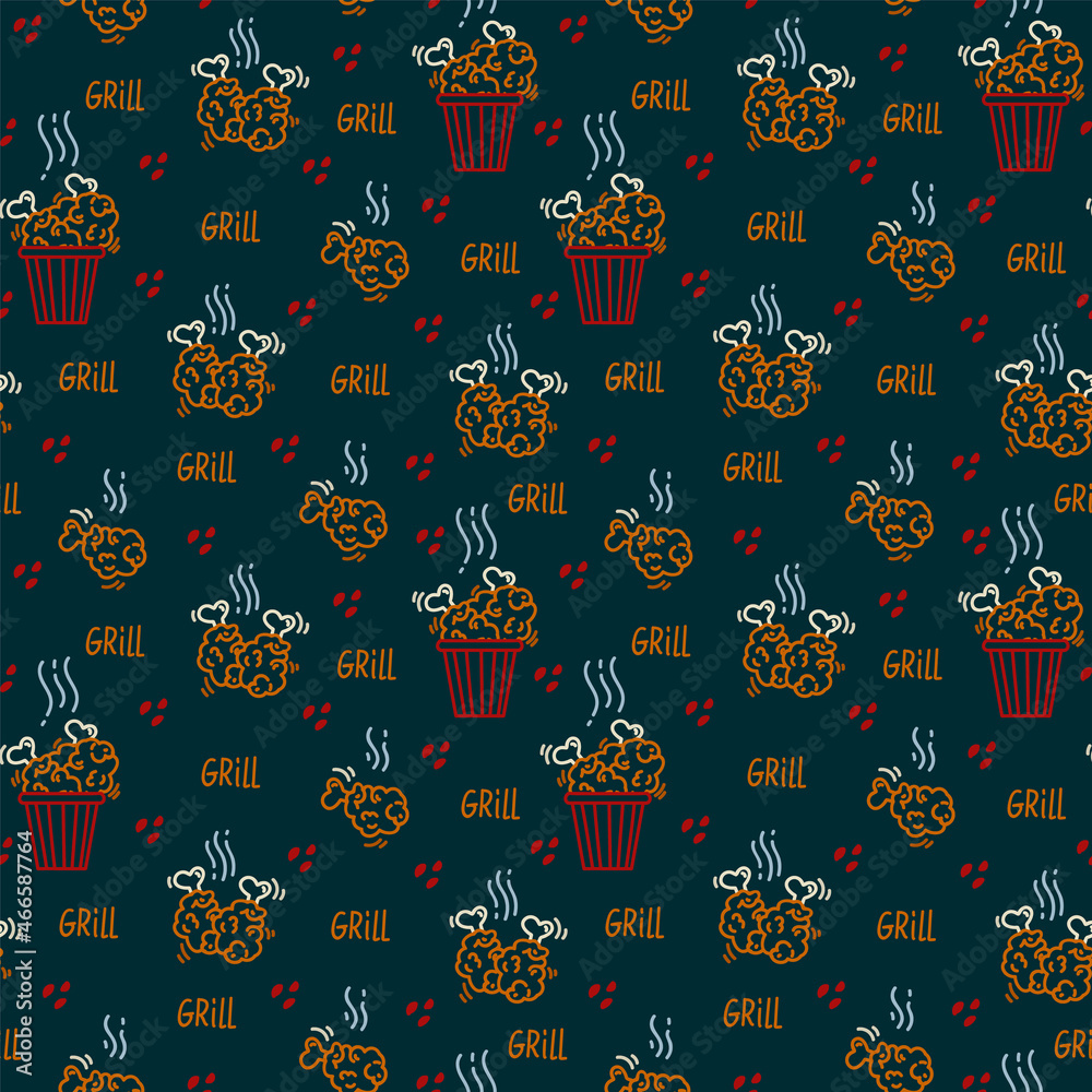 A pattern of doodle icons of grilled chicken. Legs and wings, fried birds. Background for restaurant banner design and textiles. Vector illustration A pattern of doodle icons of grilled chicken. Legs and wings, fried birds. Background for restaurant banner design and textiles. Vector illustration