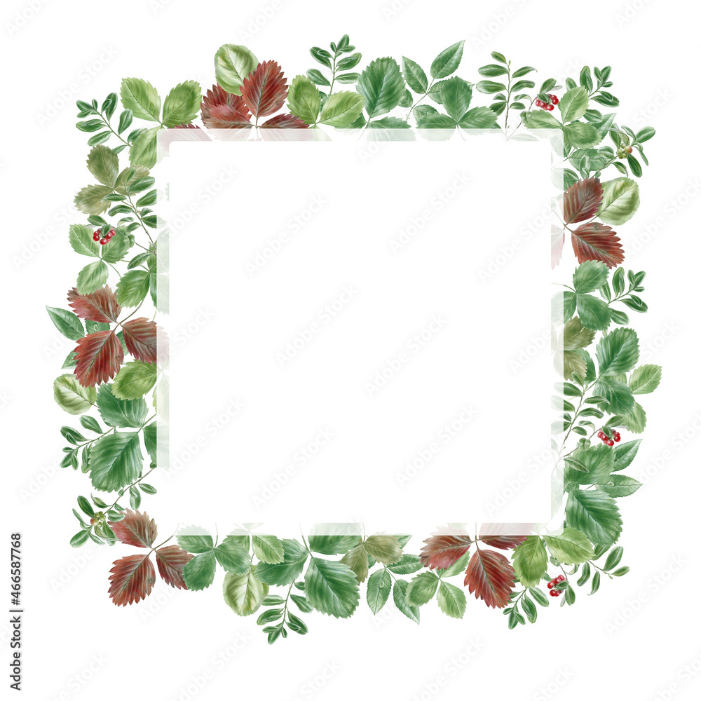 Fototapeta premium Square frame with green leaves decoration watercolor illustration
