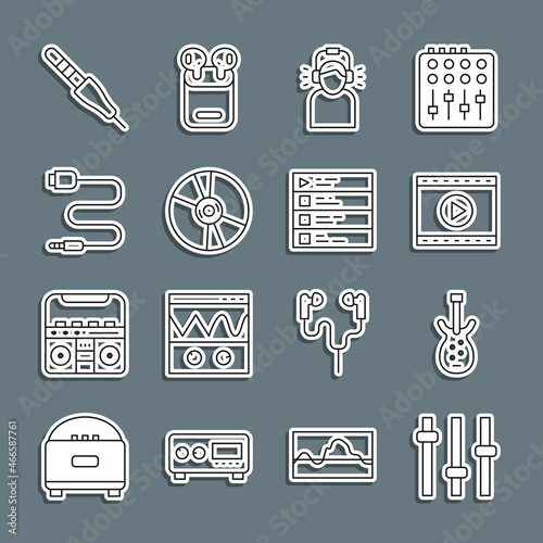 Set line Music equalizer, Electric bass guitar, Online play video, Man headphones, CD or DVD disk, Audio jack, and playlist icon. Vector