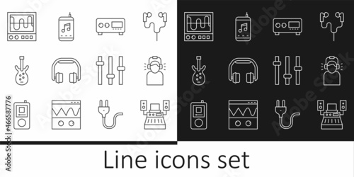 Set line Music recording studio, Man headphones, Guitar amplifier, Headphones, Electric bass guitar, Oscilloscope, equalizer and player icon. Vector