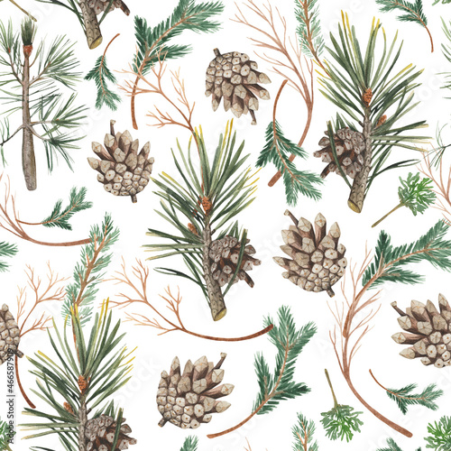 Seamless patterns with the image of spruce branches, and Christmas decor. Hand-drawn watercolor pictures