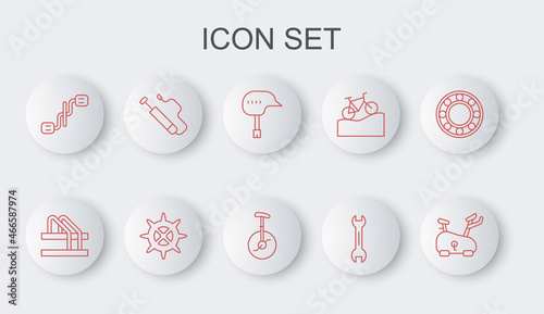 Set line Stationary bicycle, Bicycle parking, helmet, Wrench spanner, pedals, air pump, sprocket crank and Unicycle or one wheel icon. Vector
