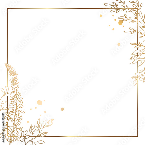 Gold square frame with openwork branches and flowers. For social networks. White background. Vector illustration.