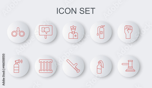 Set line Judge gavel, Air horn, Police officer, Cocktail molotov, Handcuffs, Protest, Prison window and rubber baton icon. Vector