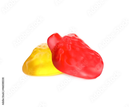 Tasty jelly fruit shaped candies on white background
