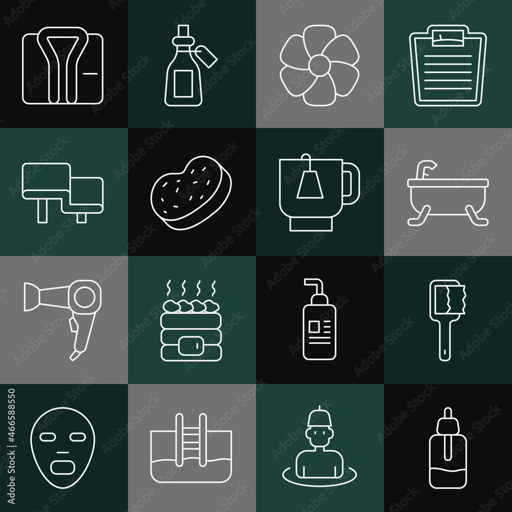 Set line Essential oil bottle, Sauna brush, Bathtub, Flower, sponge, wood bench, Bathrobe and Cup of tea with tea bag icon. Vector Set line Essential oil bottle, Sauna brush, Bathtub, Flower, sponge, wood bench, Bathrobe and Cup of tea with tea bag icon. Vector