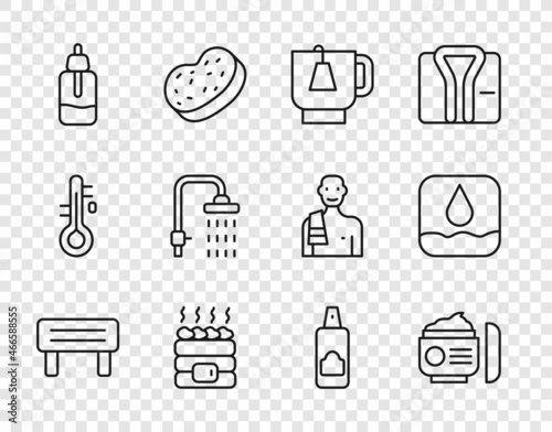 Set line Sauna wood bench, Cream or lotion cosmetic tube, Cup of tea with tea bag, Hot sauna stones, Essential oil bottle, Shower, Spray can for hairspray and Water drop icon. Vector
