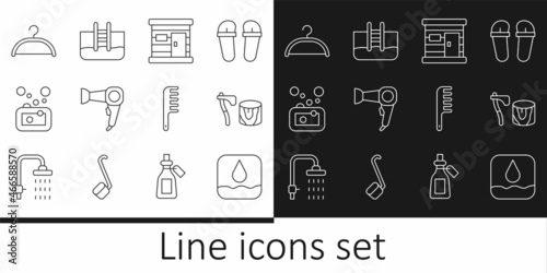 Set line Water drop, Wooden axe in stump, Sauna wooden bathhouse, Hair dryer, Bar of soap, Hanger wardrobe, Hairbrush and Swimming pool with ladder icon. Vector