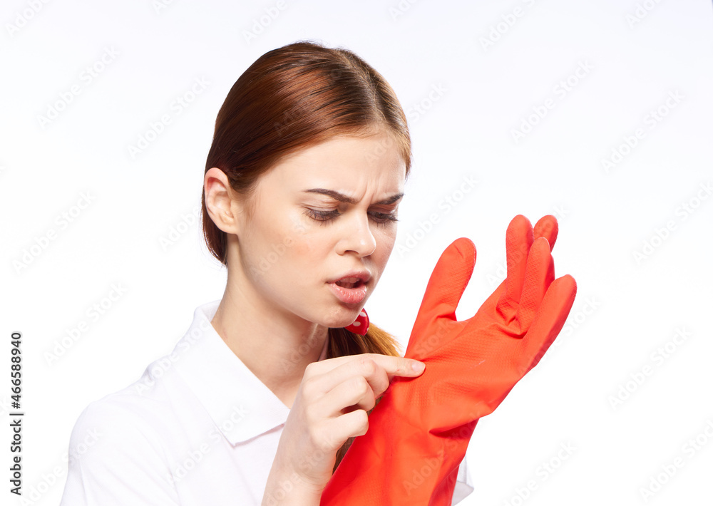 cheerful woman in red rubber gloves gesture with hands cleaning housework cheerful woman in red rubber gloves gesture with hands cleaning housework