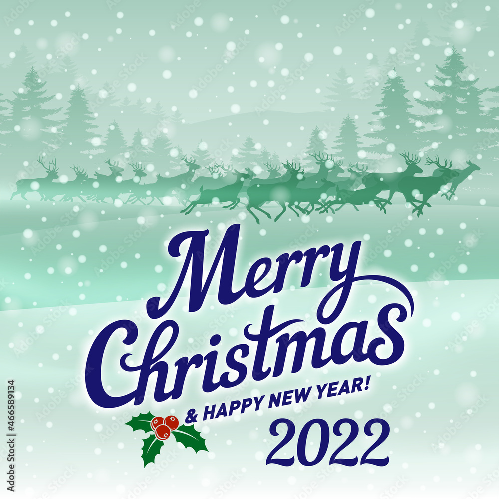 Merry Christmas and Happy New Year 2022 Greeting Card, Poster Running Deers Against the Winter Forest Under Falling Snowflakes