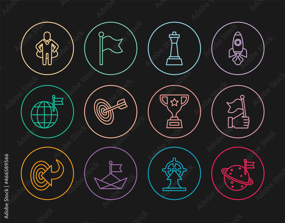 Set line Moon with flag, Hand holding, Chess, Target, Planet, Head hunting, Award cup and Flag icon. Vector Set line Moon with flag, Hand holding, Chess, Target, Planet, Head hunting, Award cup and Flag icon. Vector