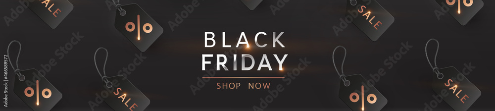 Black Friday Shop Now banner. Realistic labels with golden sale, discount, percent tags. Vector dark promotion background, poster, special offer or header